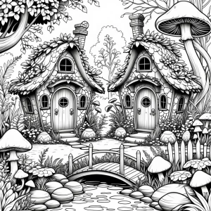 Whimsical fantasy garden scene in detailed black-and-white line...