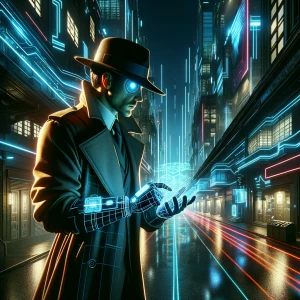 In the dimly lit alley of a futuristic cityscape, a whimsically...