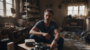 a realistic photo of a man sitting in a cluttered room, natural...