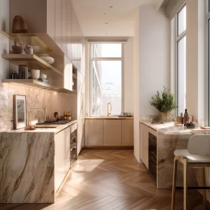 Ultra-realistic photo of a modern luxury kitchen inside the same...