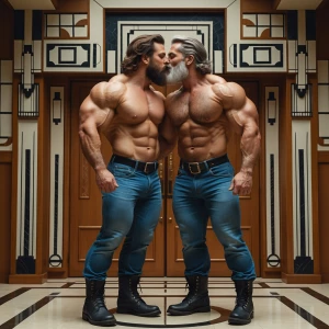 Make 2 men kissing with brown and gray hair and beard bodybuilde...