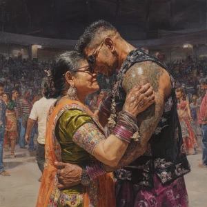 Hyperrealism ,oil painting,.big guajarat stadium with people enj...