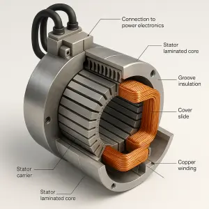 Ultra-detailed 3D cutaway render of an EV electric motor stator...