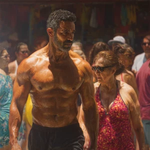 Hyperrealism, oil painting,a muscular beefy kerela man walking ,...