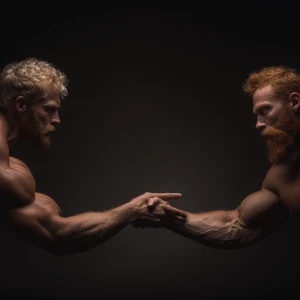 Create a man’s hand reaching out to another man both men are bod...