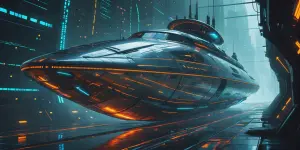 A shimmering dystopian temporal trawler, its sleek metallic body...