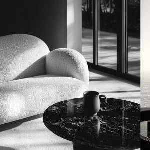 monochrome luxury living room, matte black furniture, cream bouc...