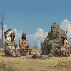 An ancient meeting with humaniod looking sasquatch hair covered...