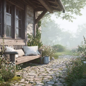 Capture a serene scene of a rustic outdoor lawn next to a cottag...