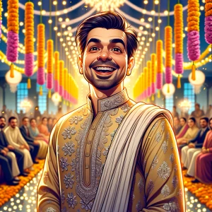 "A smiling man in elegant traditional Indian attire (cream kurta...