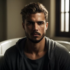 young man lying in a white bathtub, fully clothed, smoking a cig...