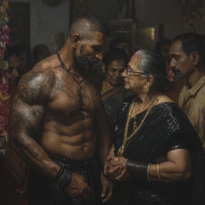 Hyperrealism,oil painting.a muscular beefy sweaty tattoed indian...
