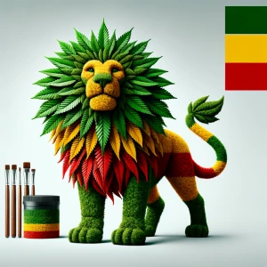 Generate an image of a lion made out of cannabis leaves, featuri...