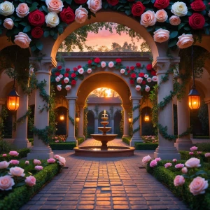 Create an immersive scene of a grand courtyard entrance with tow...