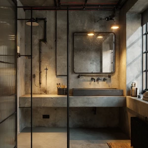 Create an image of a small industrial bathroom featuring concret...