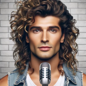 In the image a popstar with beautiful face and body with curly h...