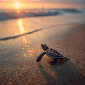 A tiny baby sea turtle on a sandy beach at sunrise, cinematic an...