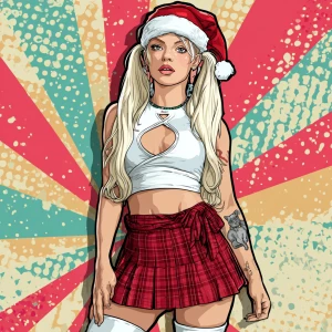 humanoid cat with long blonde hair in pigtails, wearing a red an...