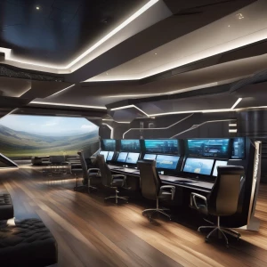 Design a visually captivating futuristic military bunker control...