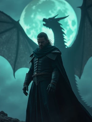 Cinematic character poster: a dragon-rider king standing on a ba...