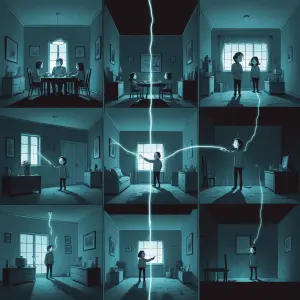 Illustrated cartoon-horror A disturbing, wide-angle interior mon...