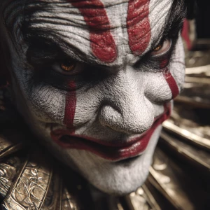 hyper detailed masterpiece photography of a clown with a hellish...
