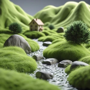 A landscape looks like spun wool, a house in the middle of green...