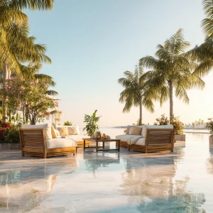 Create a realistic image of a luxurious outdoor resort patio fea...