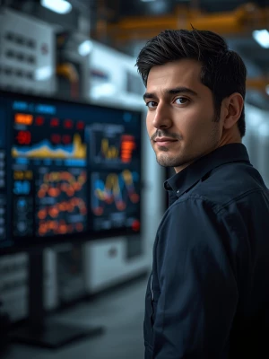 A modern smart factory environment in a 4:5 portrait composition...