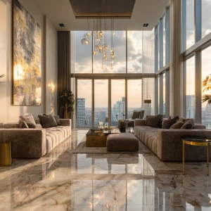 ultra-realistic photo of a luxurious penthouse apartment, floor-...