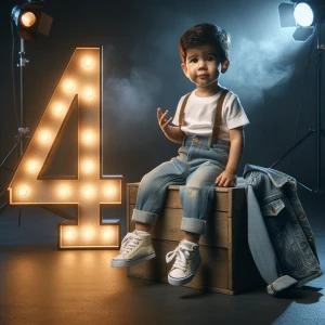 A cute toddler boy wearing a white t-shirt, light wash blue jean...