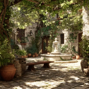 Create an image of a serene stone courtyard adorned with lush cl...