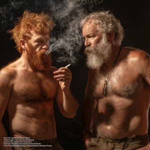 “A scene featuring two muscular, men. The first man has a full r...