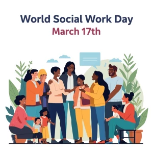 Illustrate a scene for World Social Work Day on March 17th: Show...