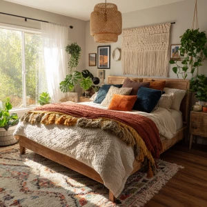 High-resolution photograph of a modern boho bedroom, full-room v...