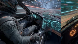 A 16:9 cinematic widescreen interior shot of a futuristic superc...