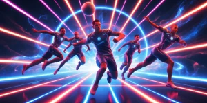 In a gleaming technicolor world, vibrant holographic athletes co...