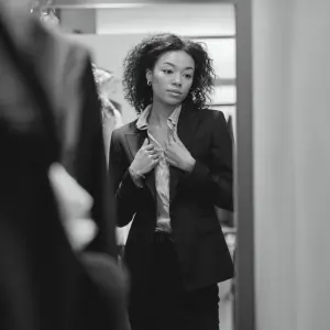 a photo of a woman in a suit trying it on in a fitting room