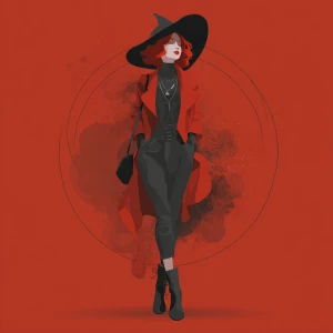 Create an image of a trendy and fashionable red witch with a uni...