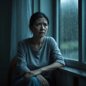 “A 40-year-old sad woman sitting quietly beside a window, soft n...