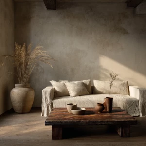 Create an ultra-realistic photograph of a wabi-sabi living room....