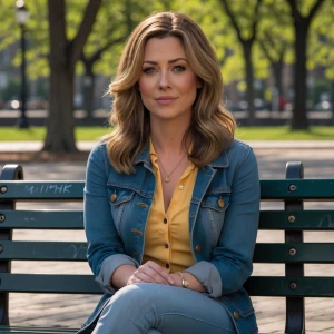 Haley smith from american dad tv show, public park, sitting on a...