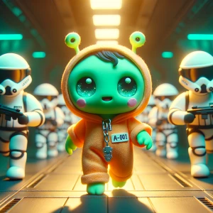 Stop-motion claymation, cute chibi green alien: bright lime-gree...