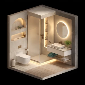 Capture a full view of a tiny yet luxurious bathroom featuring a...