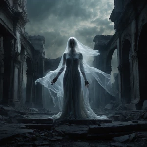 A hauntingly ethereal figure, the wraithlike spirit's translucen...