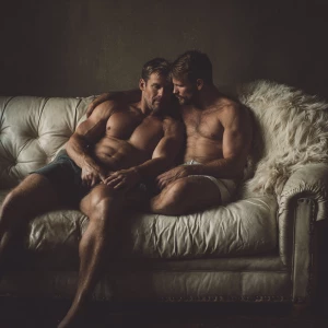 Two muscular men with well-defined physiques share a tender and...
