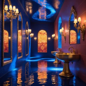Sapphire-Gilded Hallway: A grand corridor bathed in deep sapphir...