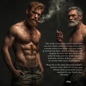 “A scene featuring two muscular, men. The first man has a full r...