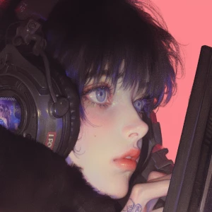 A woman with black hair and blue eyes is playing video games on...