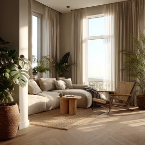 high-end luxury apartment interior with beige linen furniture, o...